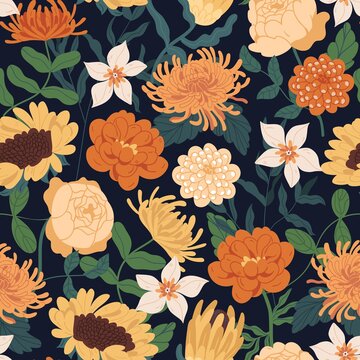 Seamless floral pattern with fall flowers. Endless design with gorgeous sunflowers, peony roses, clematises and chrysanthemums for printing. Repeatable botanical backdrop. Flat vector illustration