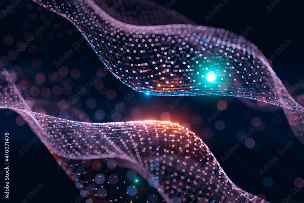 Poster Moving neon blue and orange wireframe pattern forming a digital network connection on dark background