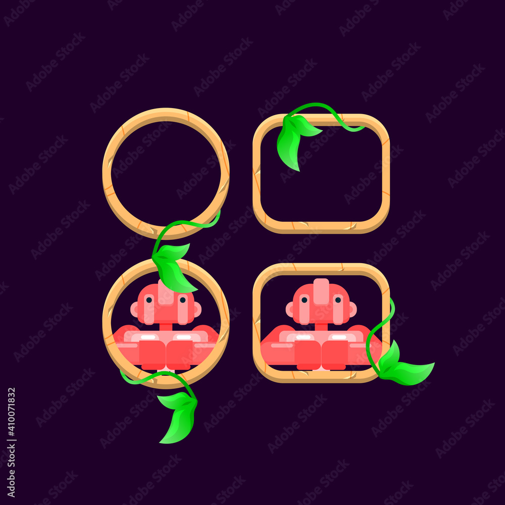 Poster set of game ui wooden leaves border with character avatar preview vector illustration
