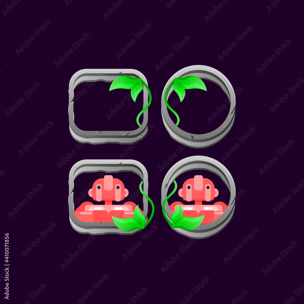 Aufkleber set of game ui stone leaves border with character avatar preview vector illustration