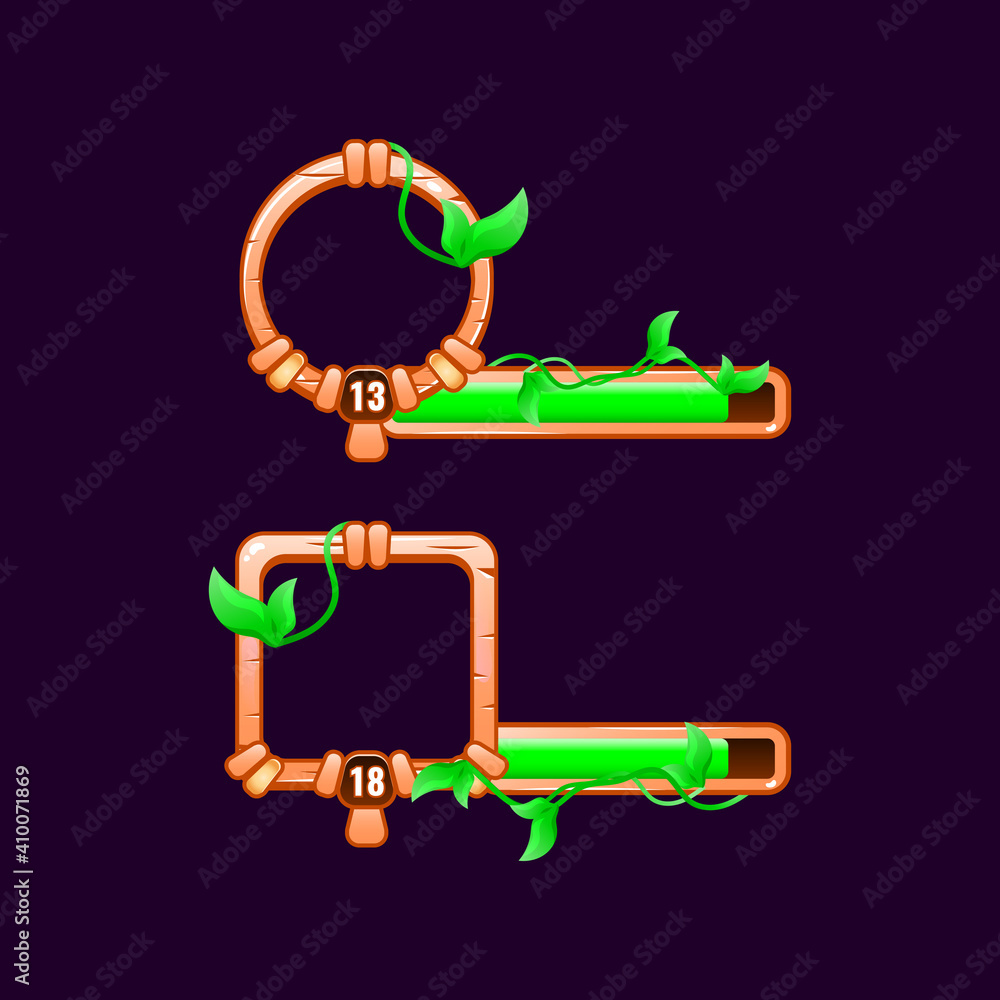 Fototapete wooden leaves game ui border frame with level and progress bar for gui asset elements vector illustr