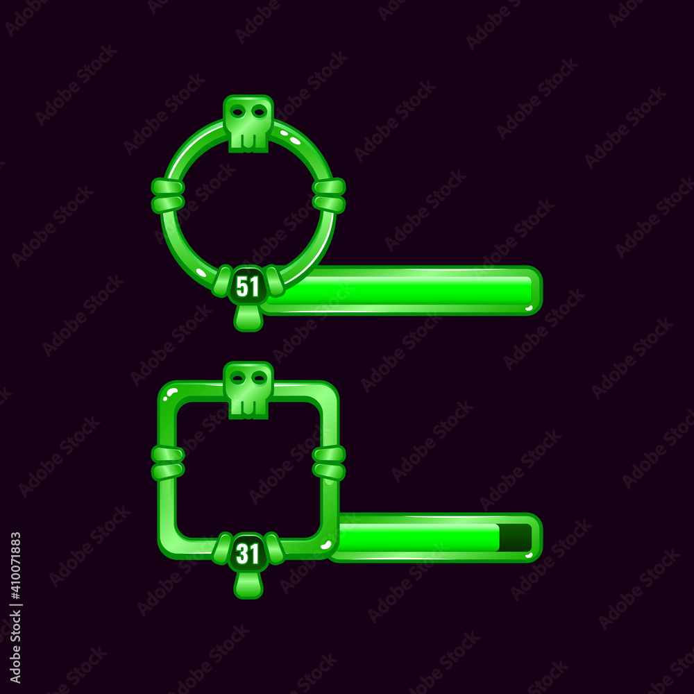 Fototapete green skull game ui border frame with level and progress bar for gui asset elements vector illustrat