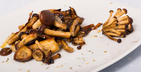 Fototapeta premium Portion of fried wood mushrooms served on white platter..