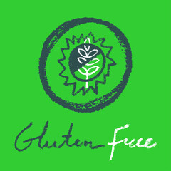 Circle label Gluten free vector. Hand drawn round label of gluten-free. Healthy eating symbol. Crayon textures. Sticker green products. Healthy food sign. Allergen-free icon with hand written text.