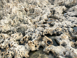 Sand with holes on the seashore. Sandy rocks on the beach of Mediterranean sea. Rough surface background.