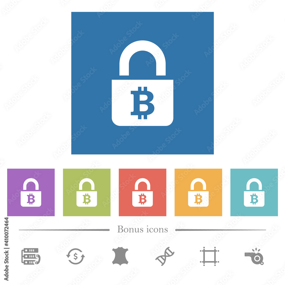 Poster locked bitcoins flat white icons in square backgrounds