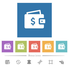 Dollar wallet flat white icons in square backgrounds