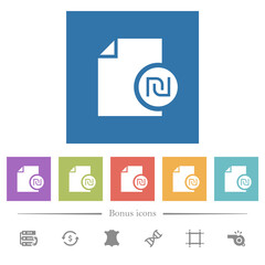 Israeli new Shekel financial report flat white icons in square backgrounds