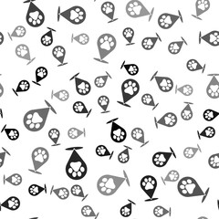 Black Map pointer with veterinary medicine hospital, clinic or pet shop for animals icon isolated seamless pattern on white background. Vet or veterinarian clinic. Vector.