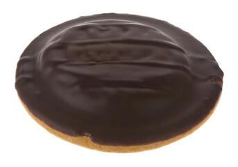 Round chocolate-covered cookies isolated on white background close-up.