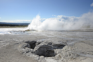 A small geyser at Yellowstone National Park erupting on a sunny day