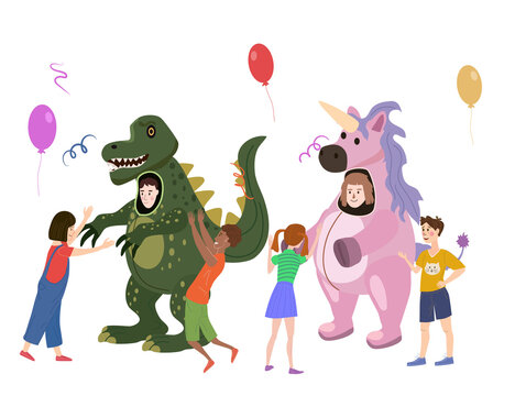 Holiday Party Actors Entertainer Wearing In Costume Dinosaur And Unicorn, Play With Kids. Performance Birhday Carnaval Party, Group Children With Adult Animator. Vector Cartoon Flat Style