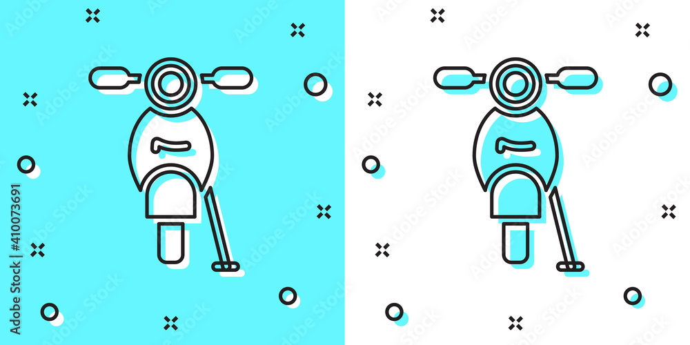 Poster black line scooter icon isolated on green and white background. random dynamic shapes. vector.