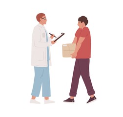 Delivery of parcel with medicines or humanitarian help. Doctor or pharmacist receiving delivered package from courier. Colored flat vector illustration isolated on white background