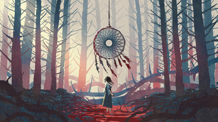 femme debout et regardant le capteur de rêves suspendu aux arbres dans la forêt mystérieuse, style art numérique, peinture d& 39 illustration