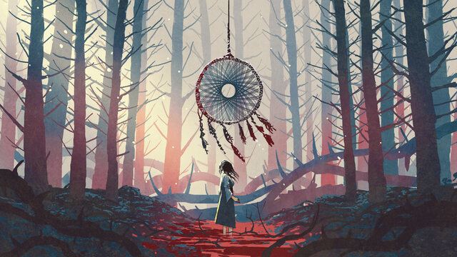 Fototapeta woman standing and looking at the dreamcatcher hanging from the trees in the mysterious forest, digital art style, illustration painting