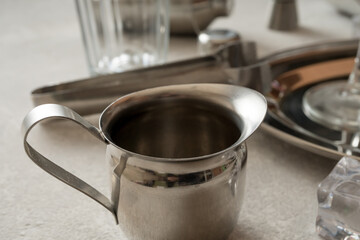 Bar set for cocktails and drinks, close up