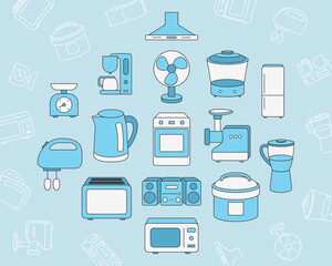 Home machines Icons set - Vector color symbols and outline of microwave, oven, refrigerator, vacuum, blender, kettle and other appliances for the site or interface