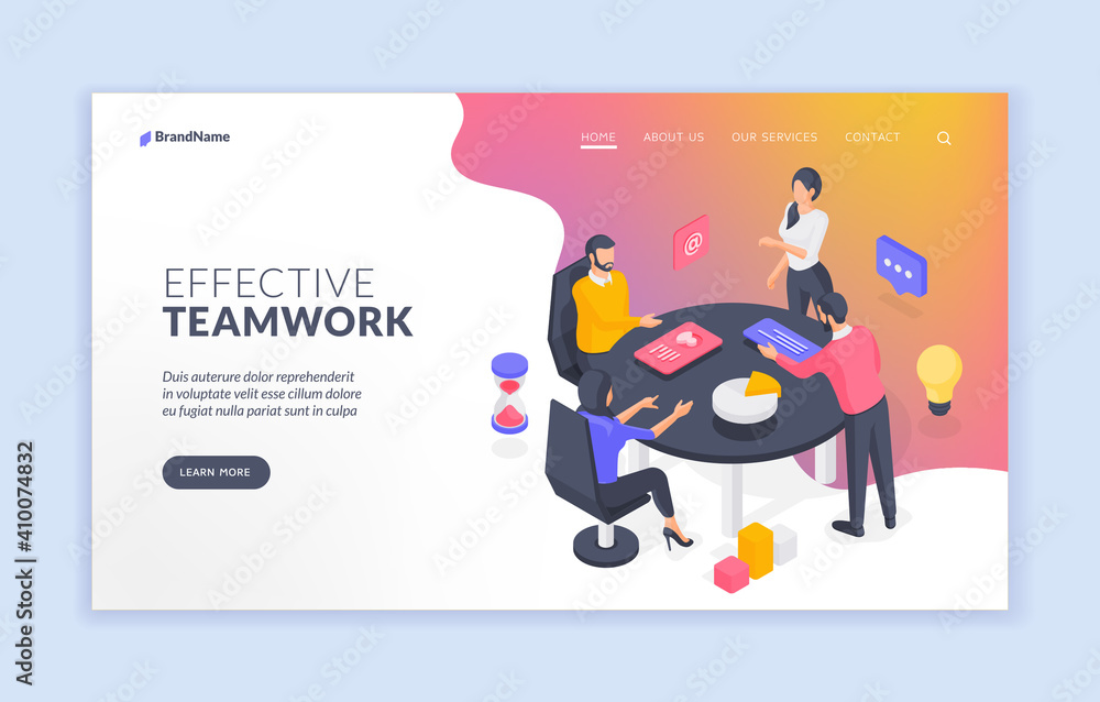 Sticker business team working with data effectively. isometric vector illustration