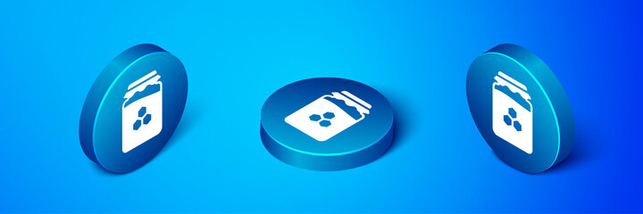 Isometric Jar of honey icon isolated on blue background. Food bank. Sweet natural food symbol. Blue circle button. Vector.