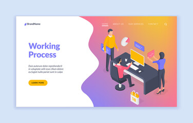 Working process in modern office. Isometric vector illustration. Banner template