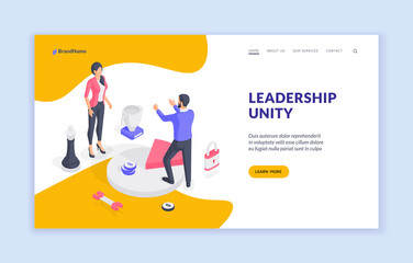 Business leaders uniting in work. Isometric vector illustration