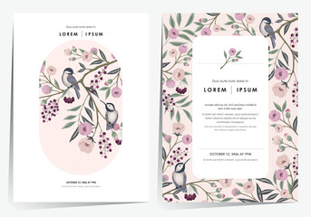 Vector illustration of a beautiful floral frame set with little birds. Design for cards, party invitation, Print, Frame Clip Art and Business Advertisement and Promotion  - 410074866