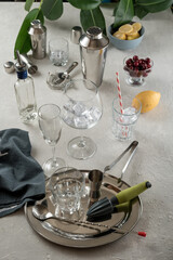 Bar set for cocktails and drinks, close up