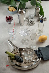 Bar set for cocktails and drinks, close up