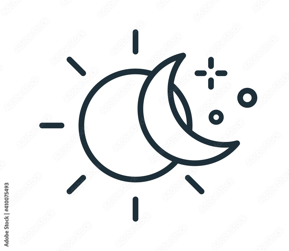 Poster Simple icon in line art style with sun and half moon. Change of day and night concept. Linear flat vector illustration isolated on white background