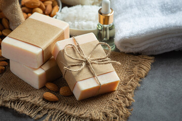 Handmade soap almond on dark background