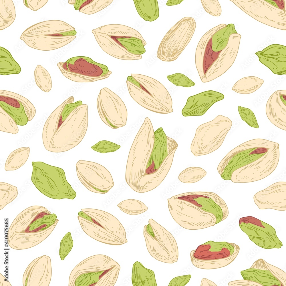 Poster Seamless repeatable pistachio pattern with open nuts and unopened pistaches with shells. Design of endless background. Hand-drawn colored vector illustration for printing