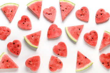 Pattern of watermelon slices on white background. Flat lay. Food concept for Valentine day.