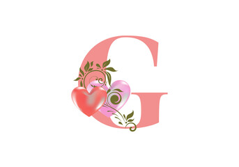 Floral alphabet, letter G  with two hearts. Monogram initials for wedding invitations, greeting card etc. Valentine's day concept 