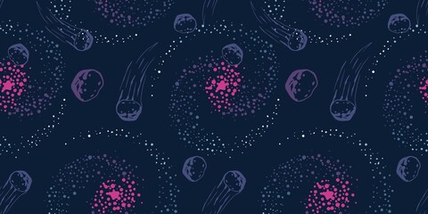 Trendy seamless space patterns. Cosmos backgrounds for cosmonautics day. Endless texture of universe for wallpaper, wrapping paper © Casoalfonso