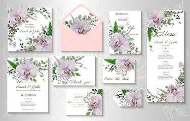 Wedding invitation with realistic flowers Orchid and leaves watercolor, isolated on white. Vector Watercolor.