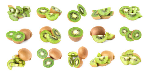 Set with ripe kiwi fruits on white background, banner design