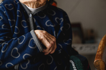 Close-up unrecognizable old woman hand. Elderly, third age concept