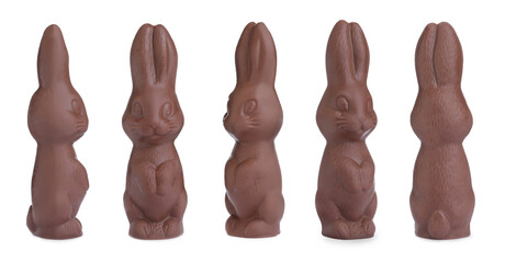 Set with chocolate Easter bunnies on white background, banner design
