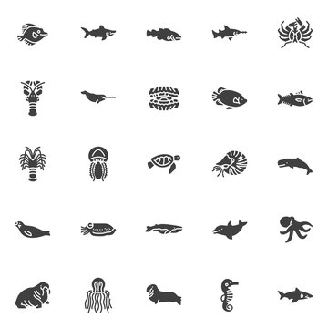 Marine life vector icons set, modern solid symbol collection, filled style pictogram pack. Signs, logo illustration. Set includes icons as sea fish, shark, narwhal, langoustine, jellyfish molluscs