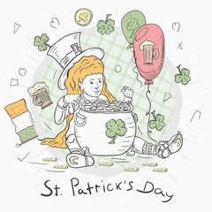 Contour illustration sticker banner in the style of childrens doodle for decorating designs on the theme of St. Patricks Day A girl in a leprechaun costume holds a kite with gold coins