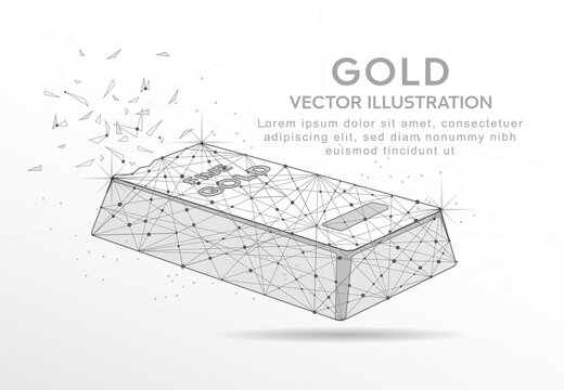 Fine gold bar digitally drawn low poly wire frame on white background.