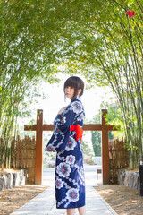 girl in japanese traditional casual summer costume kimono yukata