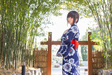 girl in japanese traditional casual summer costume kimono yukata