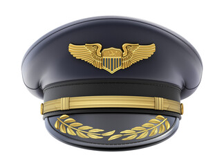 Front view of civil pilot hat with the badge isolated on white background - 3D illustration - obrazy, fototapety, plakaty