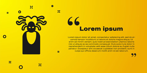 Black Medusa Gorgon head with snakes greek icon isolated on yellow background. Vector.
