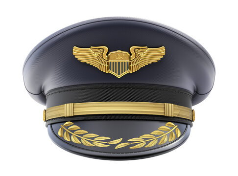Front view of civil pilot hat with the badge isolated on white background - 3D illustration