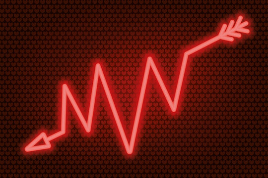 Arrow. Zigzag indicator. Neon glow. Vector illustration. The red symbol indicates the direction. Colored vector illustration. Isolated background of red hearts. Rhythmic pulse trace. Broken line. 