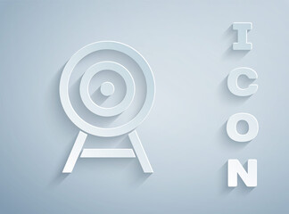 Paper cut Target with arrow icon isolated on grey background. Dart board sign. Archery board icon. Dartboard sign. Business goal concept. Paper art style. Vector.