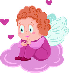Baby Cupid in pink sits on a cloud. Vector illustration for February 14 Valentine's Day. Amur baby, little angel